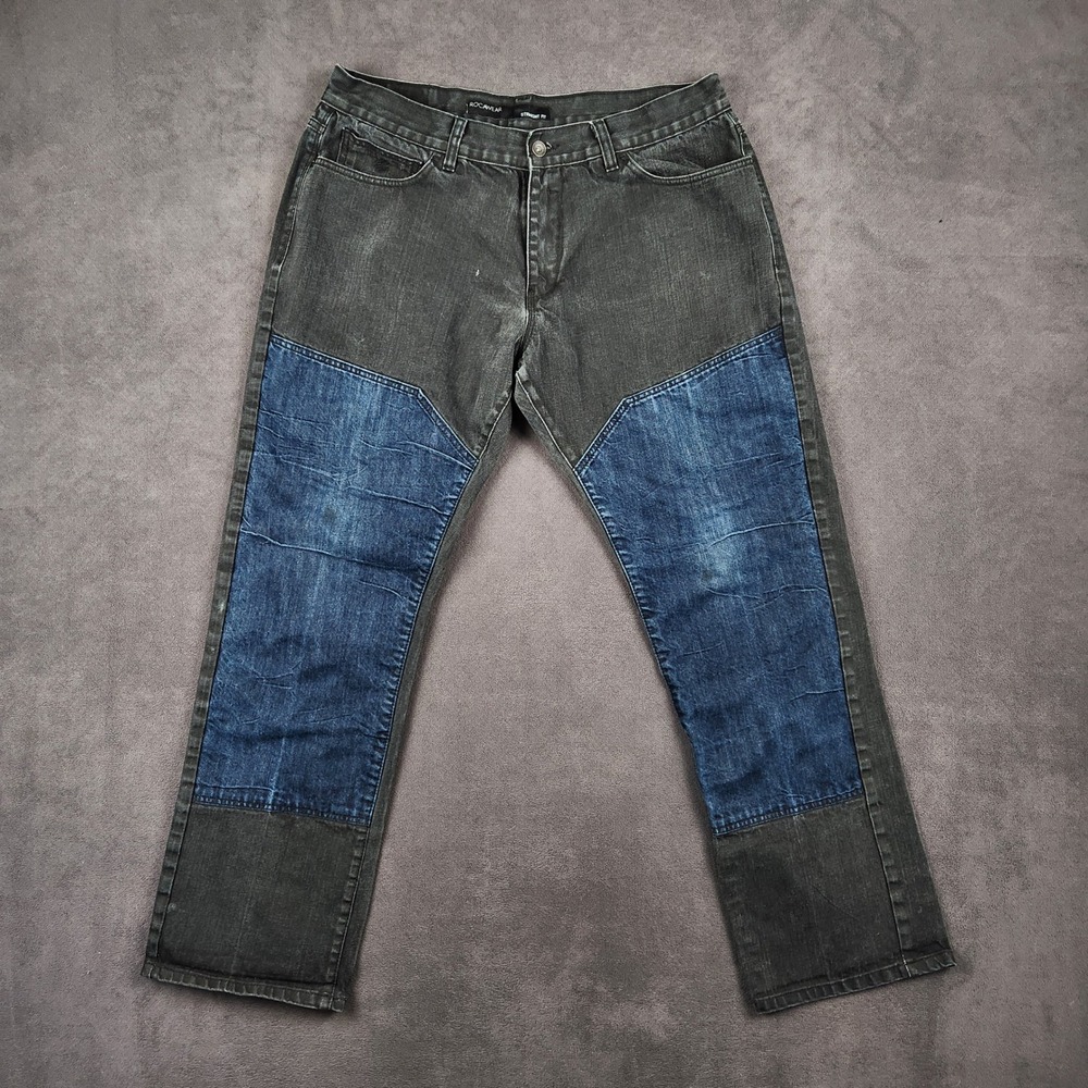 Rocawear Jeans Mens 37x32 Black Blue Two Tone Patched Denim Straight Fit Y2K VTG